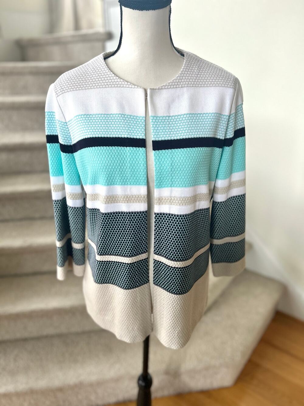 Misook Multi Stripe Black, Aqua Blue & Tan Open Knit Cardigan